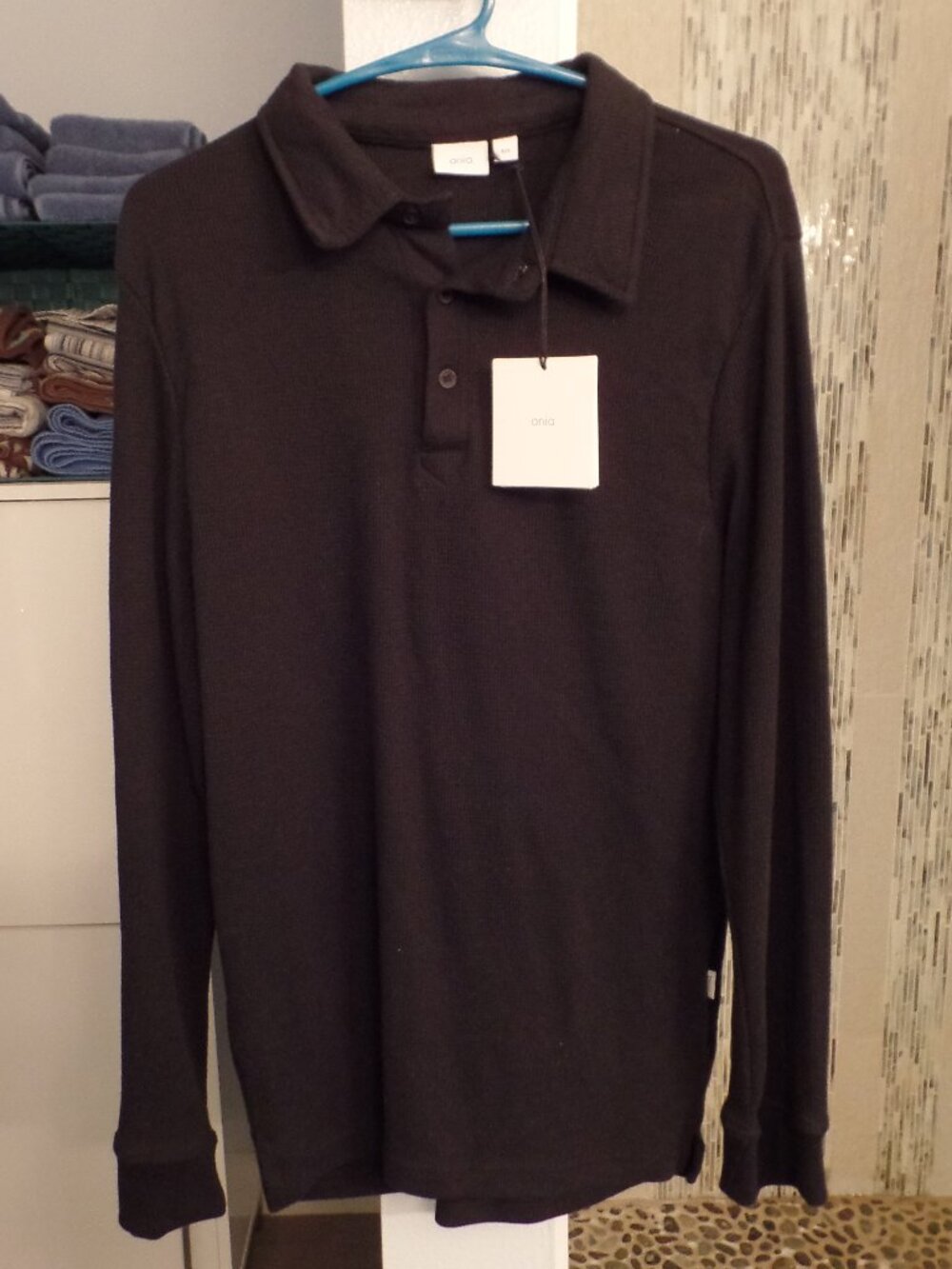 ONIA - Men's Long Sleeve Waffle Knit Polo - NWT - Size Small - Black